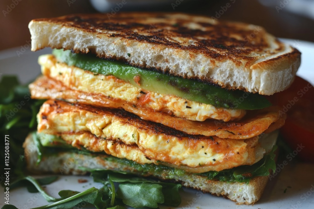 Delicious toasted sandwich prepared with scrambled eggs, tomato slices, avocado and lettuce on a white plate