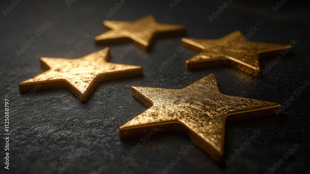 Golden stars on dark surface create striking visual contrast, perfect for adding text or graphics. Their shiny texture enhances overall aesthetic appeal Golden stars on dark surface create striking visual contrast, perfect for adding text or graphics. Their shiny texture enhances overall aesthetic appeal