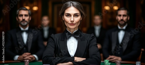 Confident Woman Dominates High-Stakes Poker Game in Luxe Casino, Exuding Power and Strategy