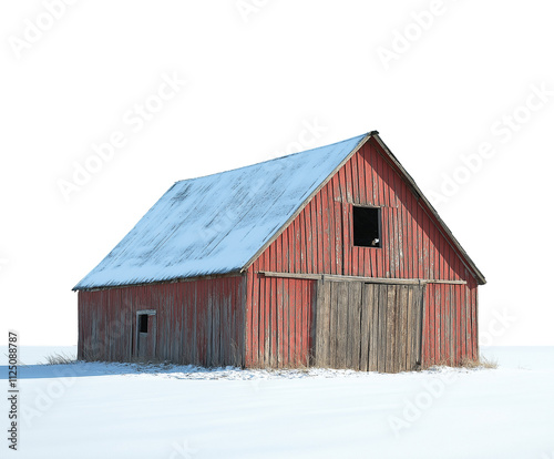 old rustic red wooden barn in the snow, isolated on white background, weathered wood barn in winter, cutout png