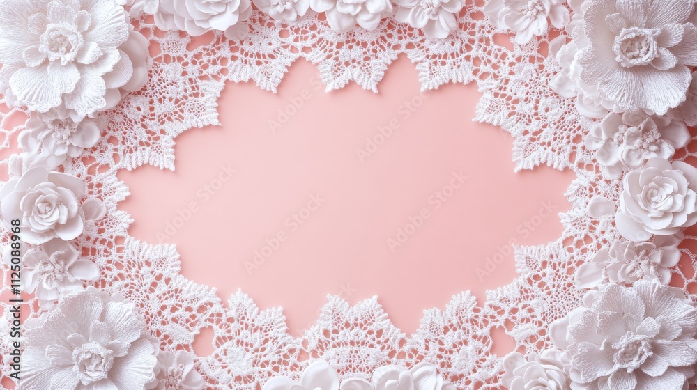White Flowers and Lace Border on Pink Background White Flowers and Lace Border on Pink Background