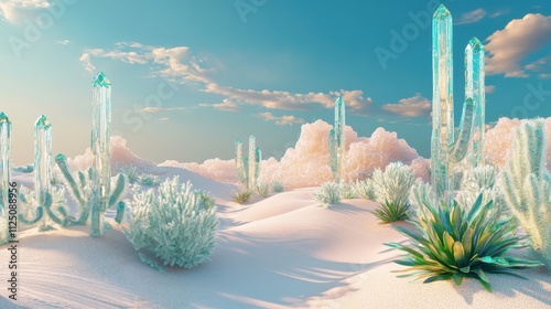 Surreal desert landscape with crystal cacti and soft sand dunes under a vibrant sky.