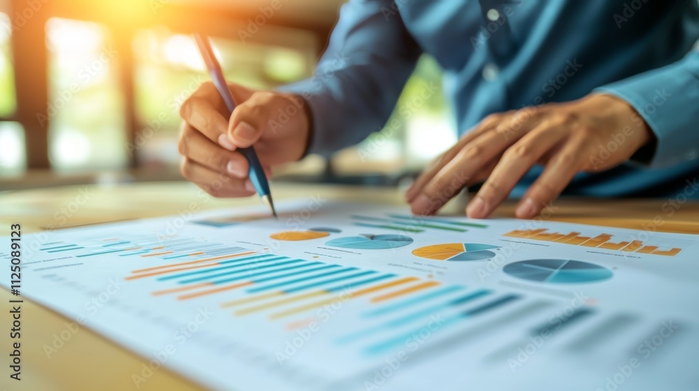 Business professional examining financial data on a table with colorful charts, emphasizing analysis and strategy in bright office light. Business professional examining financial data on a table with colorful charts, emphasizing analysis and strategy in bright office light.
