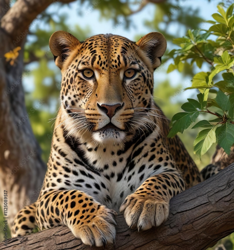 Leopard's head resting on a leafy branch of the marula tree, leopard, leaf Leopard's head resting on a leafy branch of the marula tree, leopard, leaf