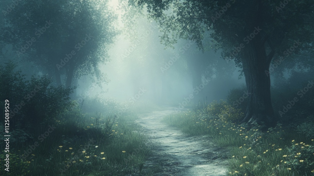 Misty Forest Path With Yellow Flowers Misty Forest Path With Yellow Flowers