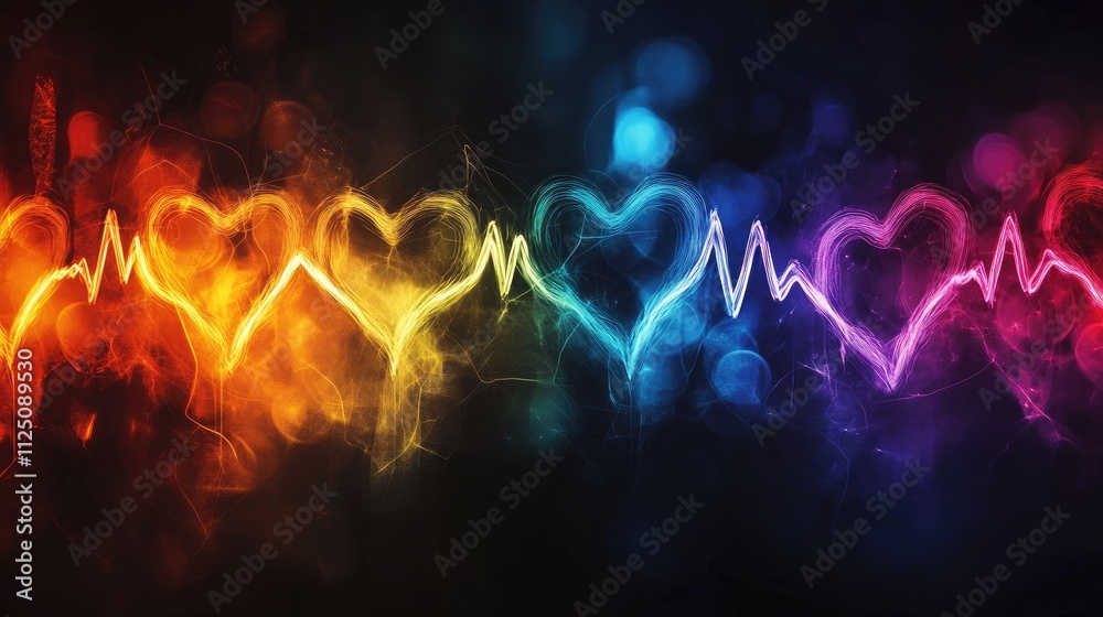 A smooth, flowing animation of heartbeat waves in various colors against a dark background, representing emotions and the essence of life A smooth, flowing animation of heartbeat waves in various colors against a dark background, representing emotions and the essence of life