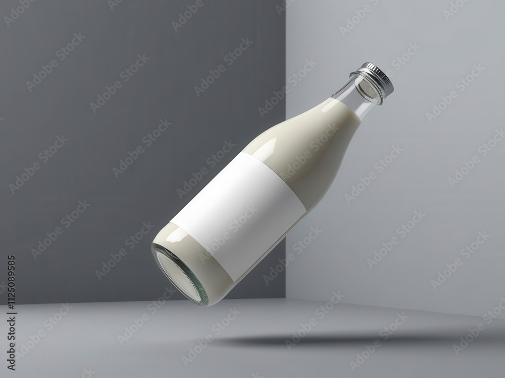 A minimalistic image of a floating milk bottle with a blank label against a modern backdrop.