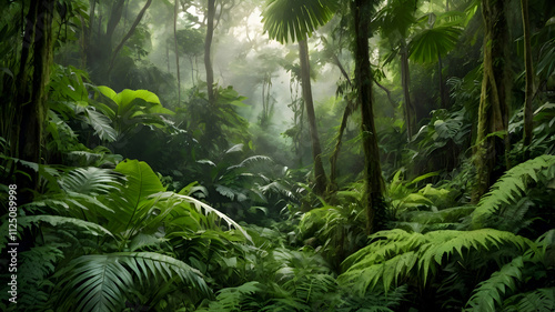 Lush Rainforest Landscape: A Serene Tropical Jungle Enchanting Green Canopy