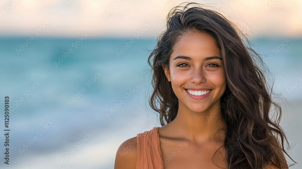 Smiling Mexican Girl Walking on Sandy Beach in Summer Light