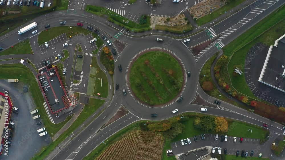 prise de vue aérienne d'un rond point avec de la circulation dans une zone industrielle dans le nord de la France