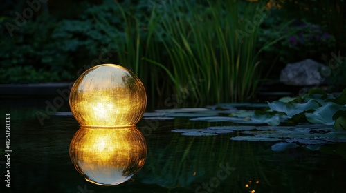 Shimmering Orb Reflecting Soft Glow in Quiet Woodland Pond Surrounded by Deep Green Foliage Creating a Serene and Enchanting Atmosphere at Dusk
