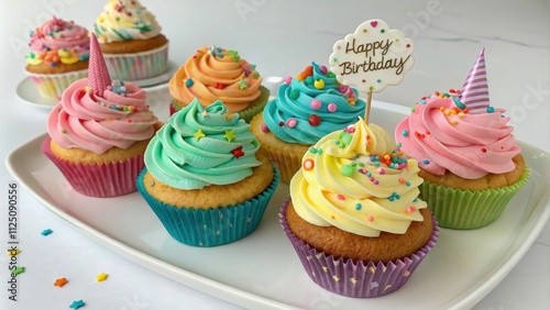 Sweet cupcakes with bright multi-colored cream, sprinkles on top, stand on a tray. Homemade baking, dessert.