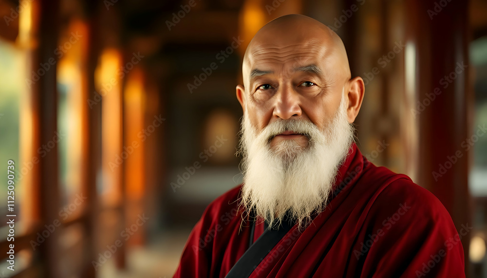 Portrait of a serene elderly Asian man with a long white beard, dressed in a traditional red robe, standing in a dimly lit temple corridor