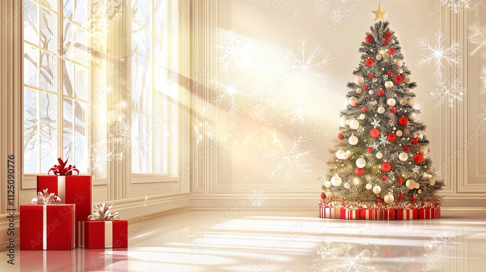 Luxurious Christmas Tree and Gifts in Cozy Winter Home Interior