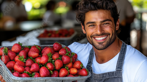 Fresh strawberries in basket held by smiling man in outdoor market, showcasing vibrant and joyful atmosphere. Perfect for food related content photo