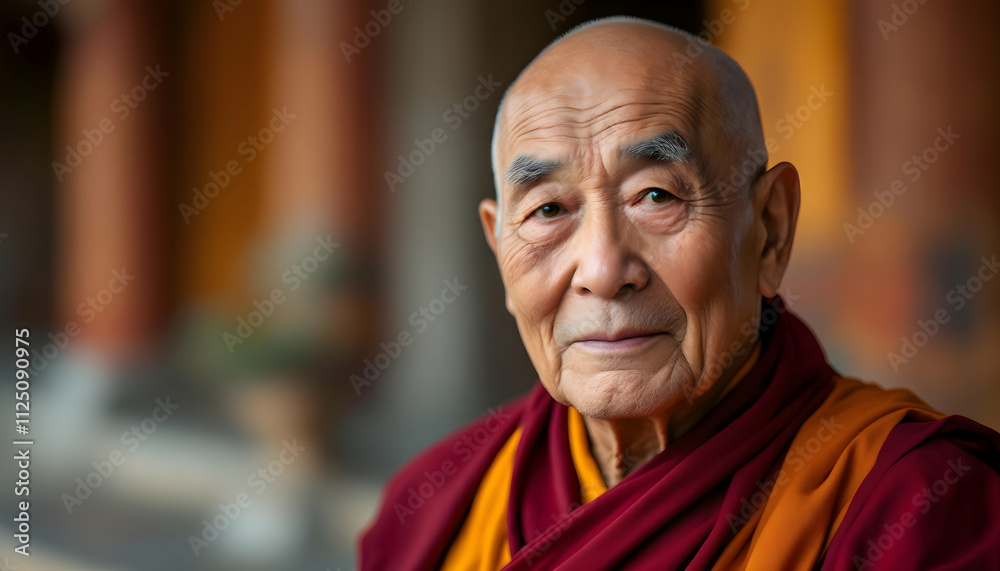 Portrait of a Calm and Serene Buddhist Monk in Traditional Robes, radiating peace and wisdom within a temple setting Portrait of a Calm and Serene Buddhist Monk in Traditional Robes, radiating peace and wisdom within a temple setting