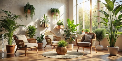 Cozy Sunlit Room with Wicker Chairs and Potted Plants for a Relaxing Natural Ambiance