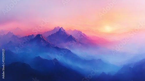 Majestic Mountains Sunset Scenic Landscape Painting photo