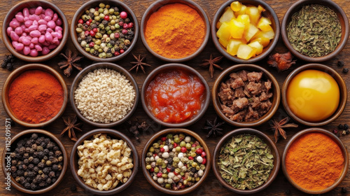 Wallpaper Mural vibrant assortment of spices and ingredients arranged in bowls, showcasing variety of colors and textures, perfect for culinary creativity and inspiration Torontodigital.ca