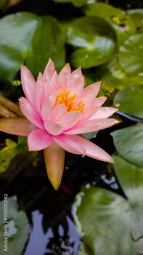 Beautiful Pink Lotus Flower on Tranquil Water with Green Lily Pads Beautiful Pink Lotus Flower on Tranquil Water with Green Lily Pads