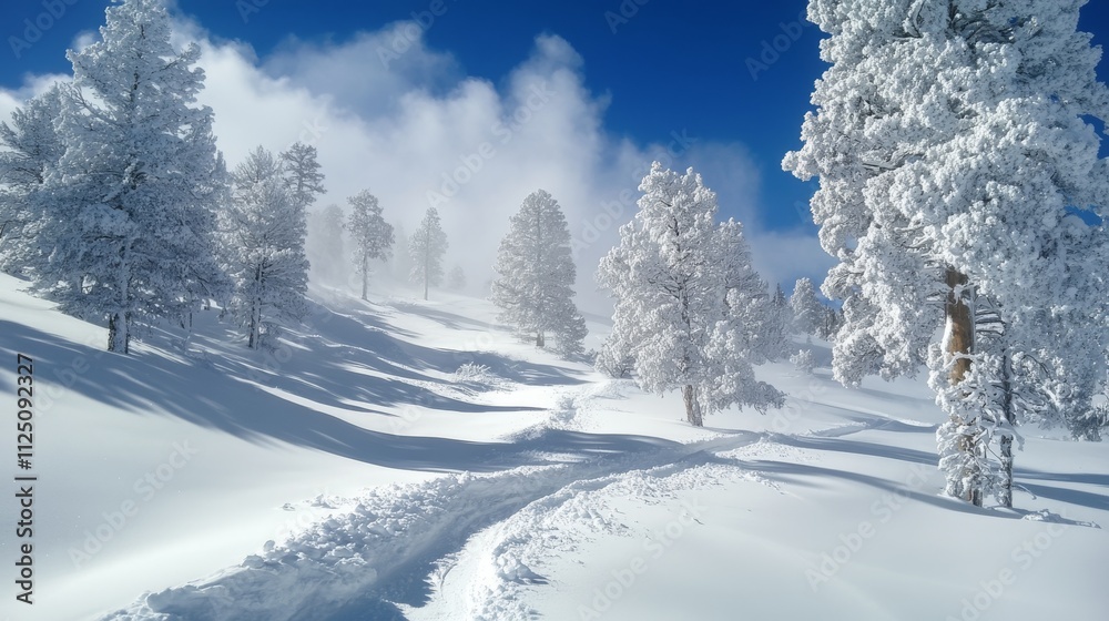 Fototapeta premium Snow Covered Trees Line A Winter Path