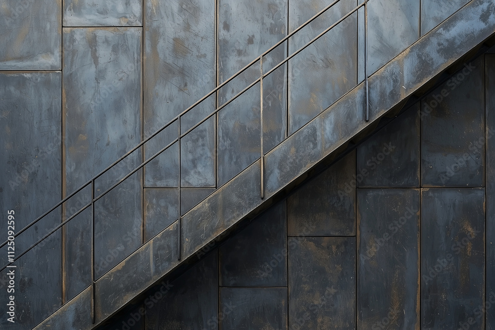 Textured concrete wall with diagonal lines and staircase. industrial design features modern aesthetic, showcasing blend of gray tones and metallic accents Textured concrete wall with diagonal lines and staircase. industrial design features modern aesthetic, showcasing blend of gray tones and metallic accents