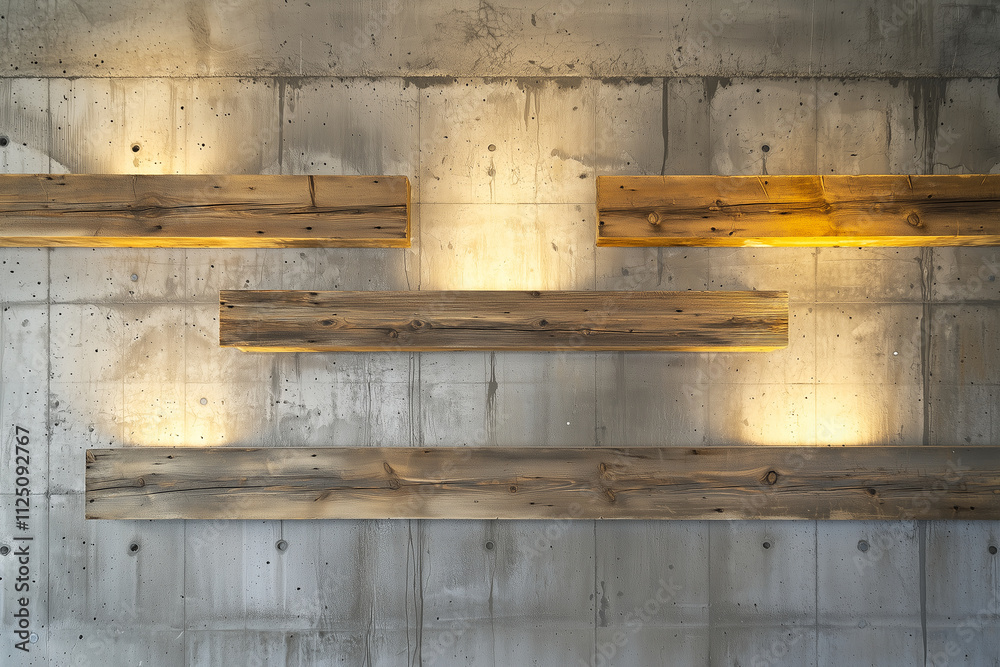 Textured concrete wall with embedded wooden shelves illuminated softly. warm light enhances natural wood grain, creating modern and inviting atmosphere Textured concrete wall with embedded wooden shelves illuminated softly. warm light enhances natural wood grain, creating modern and inviting atmosphere