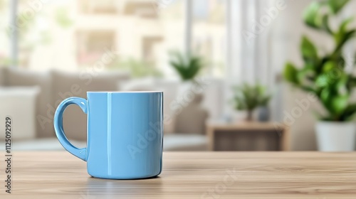 Blue Ceramic Coffee Mug on a Wooden Table With a Blurred Living Room Interior Background