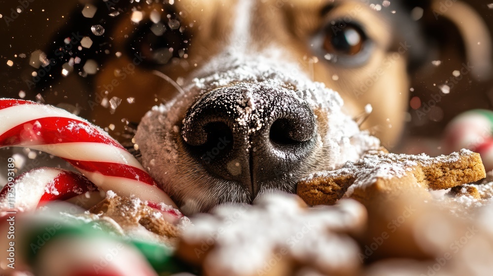 Dog nose amidst christmas cookies and candy canes Dog nose amidst christmas cookies and candy canes