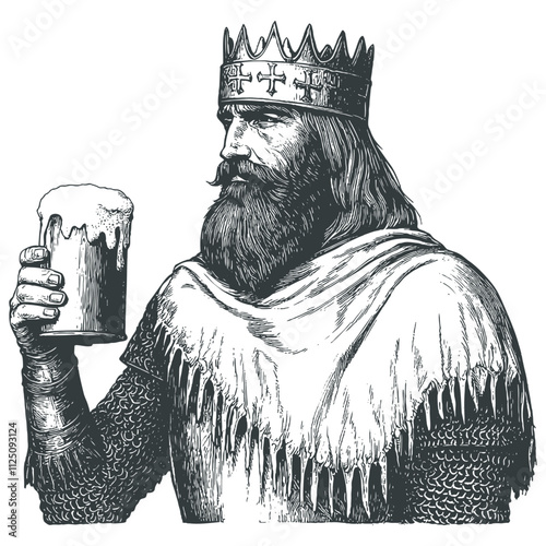 Old king raising a goblet of foamy beer, engraving style, vector illustration.