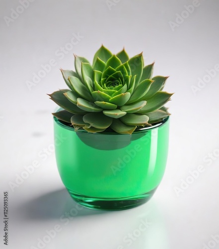Small green succulent in a bright green glass cup placed on a clean and modern white surface , lowmaintenanceplants, smallplant, greenglasscup photo