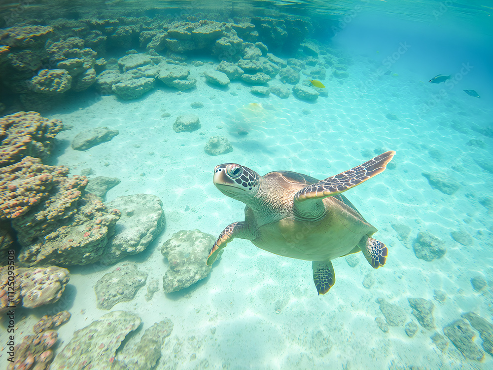Obraz premium Green sea turtle swimming underwater in coral reef. Green sea turtle in coral reef.