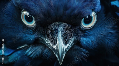 Close-up of a dark blue bird's intense gaze. photo