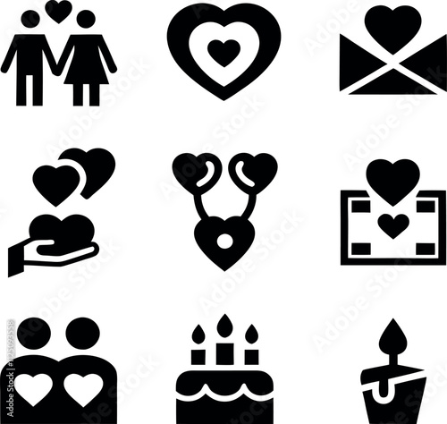Valentine's Day icons, Pack with a sleek white background,