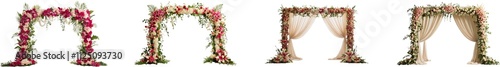 Various Floral Wedding Arches and Canopies with Drapes isolated on Transparent and White Background photo