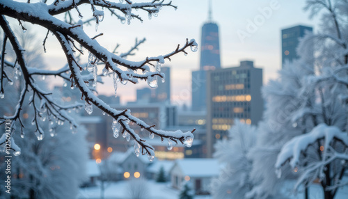 Winter city skyline with icy branches and water droplets in foreground at dusk photo