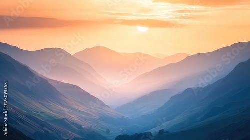 A sweeping landscape of a valley with mountains on either side, bathed in warm hues of orange and pink as the sun rises, creating a beautiful morning vista