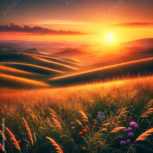 Golden sunlight bathes a vast wheat field stretching towards a vibrant sunset sky