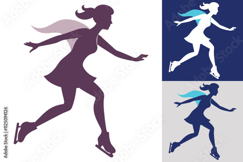 Female Figure Skating Silhouettes. Winter Sport and Athlete Icons - Isolated Vector Illustration on White and Blue Background