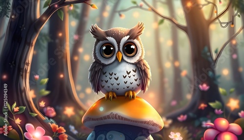 Adorable owl perched on a mushroom 