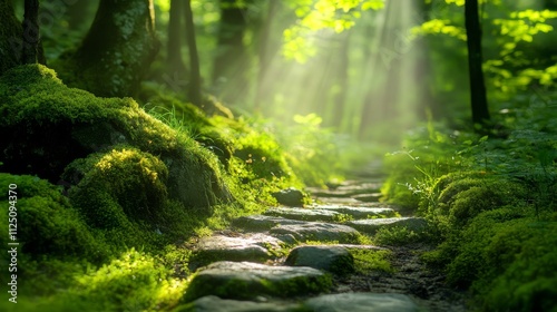 Sunlit Forest Path Mossy Stone Steps Green Nature