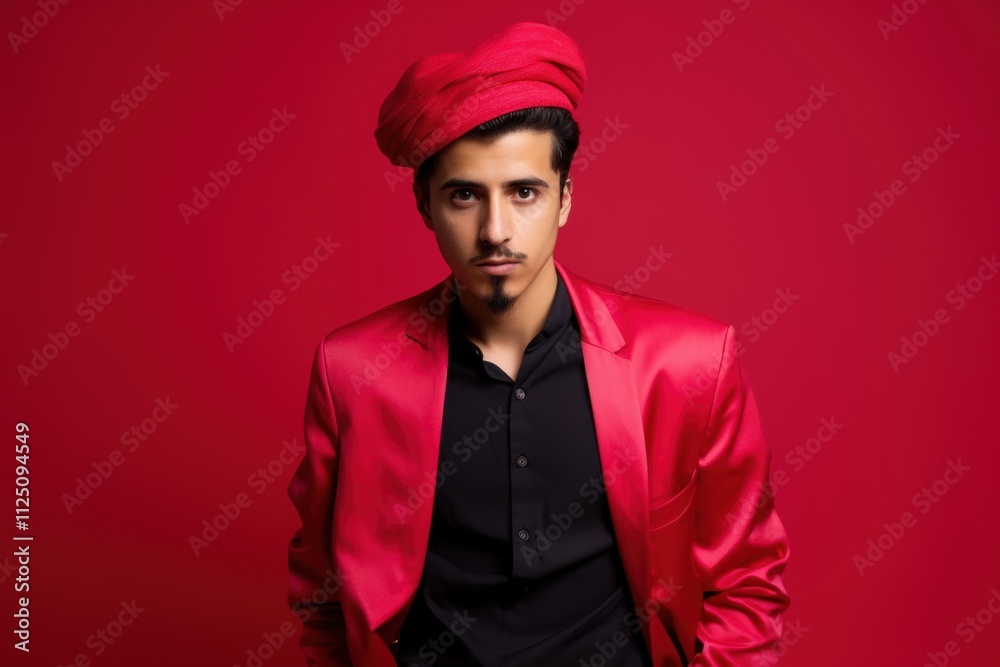 Obraz premium A man in a red suit and a red hat is standing in front of a red background