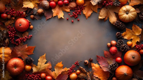 A blank canvas with autumn and Thanksgiving day decorations around its design,


