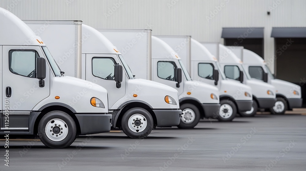 Fleet of Delivery Trucks Lined Up in Parking Lot Ready for Last-Mile Distribution Fleet of Delivery Trucks Lined Up in Parking Lot Ready for Last-Mile Distribution