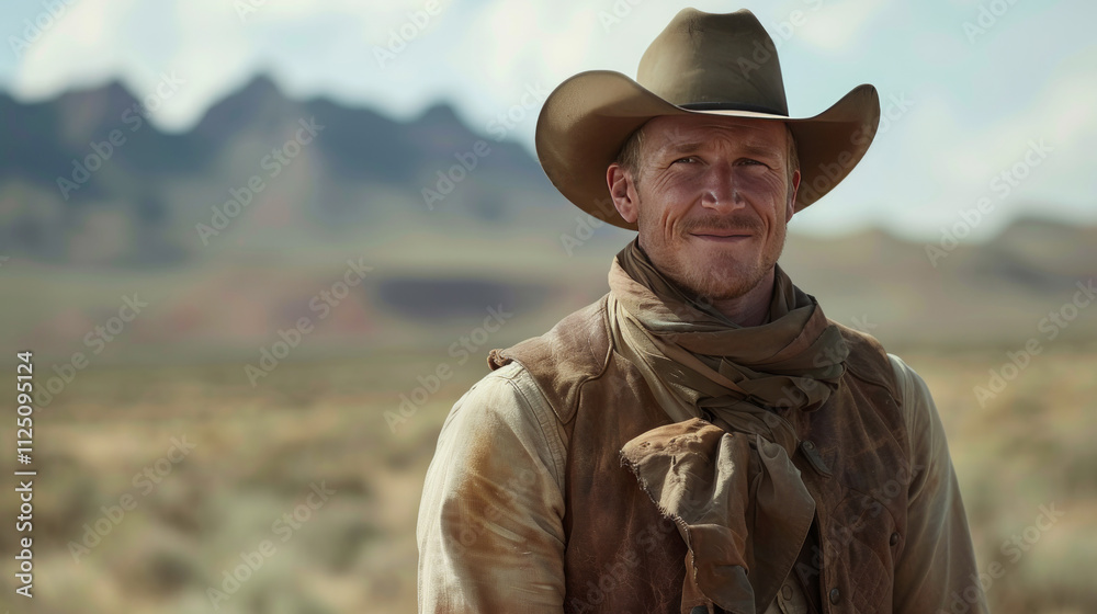 Fototapeta premium Cowboy smiling and wearing a hat looking at Camera