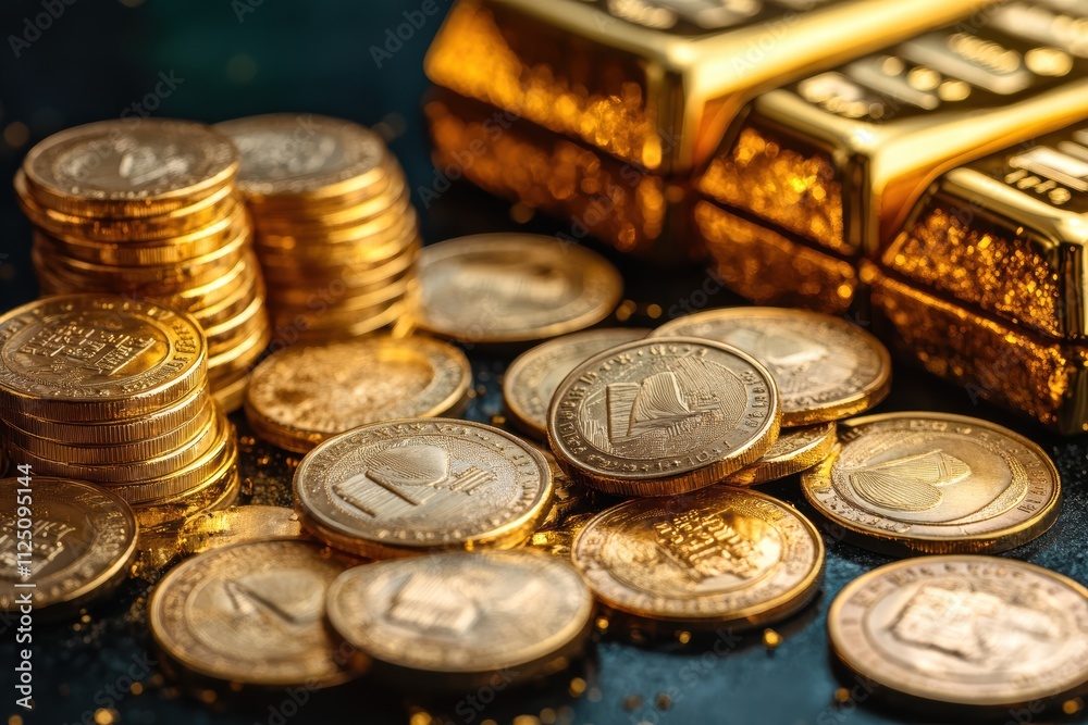 Glimmering coins and gold bars create an elegant display on a dark surface Glimmering coins and gold bars create an elegant display on a dark surface