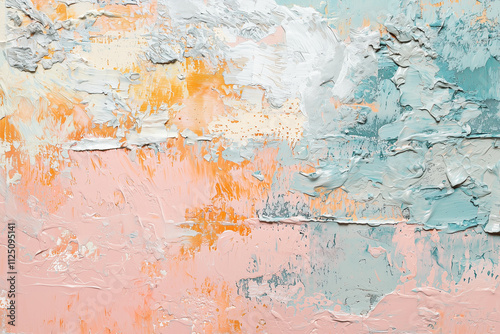 Textured plaster wall with subtle uneven surface, featuring pastel colors like orange, pink, and blue. artwork evokes sense of calm and creativity