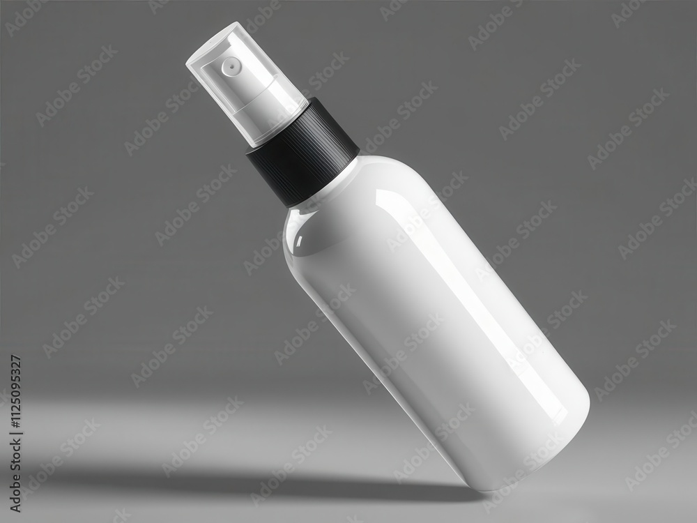 A sleek, modern spray bottle in a minimalist design, featuring a black cap against a subtle gray background.