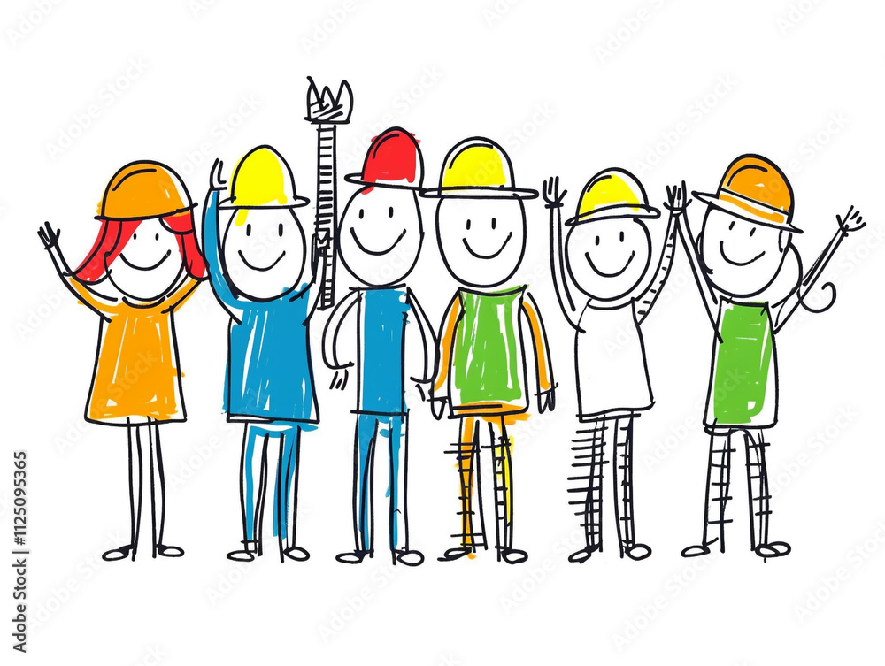 Children hand drawn team of happy workers stick figure illustration on a white background. Children hand drawn team of happy workers stick figure illustration on a white background.