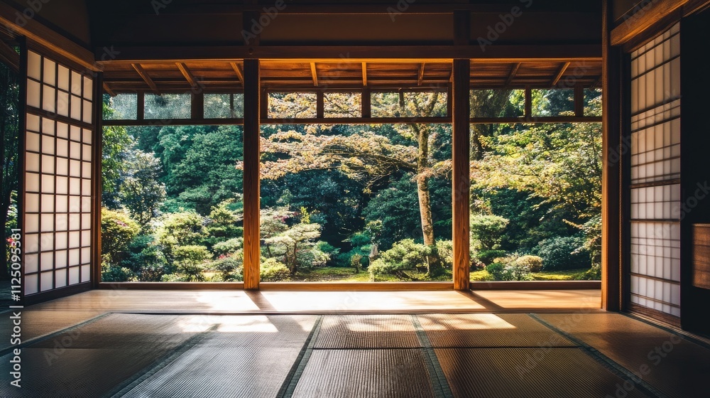 A tranquil view of a traditional Japanese home with wooden beams and tatami mat flooring, illuminated by soft natural light streaming through paper windows